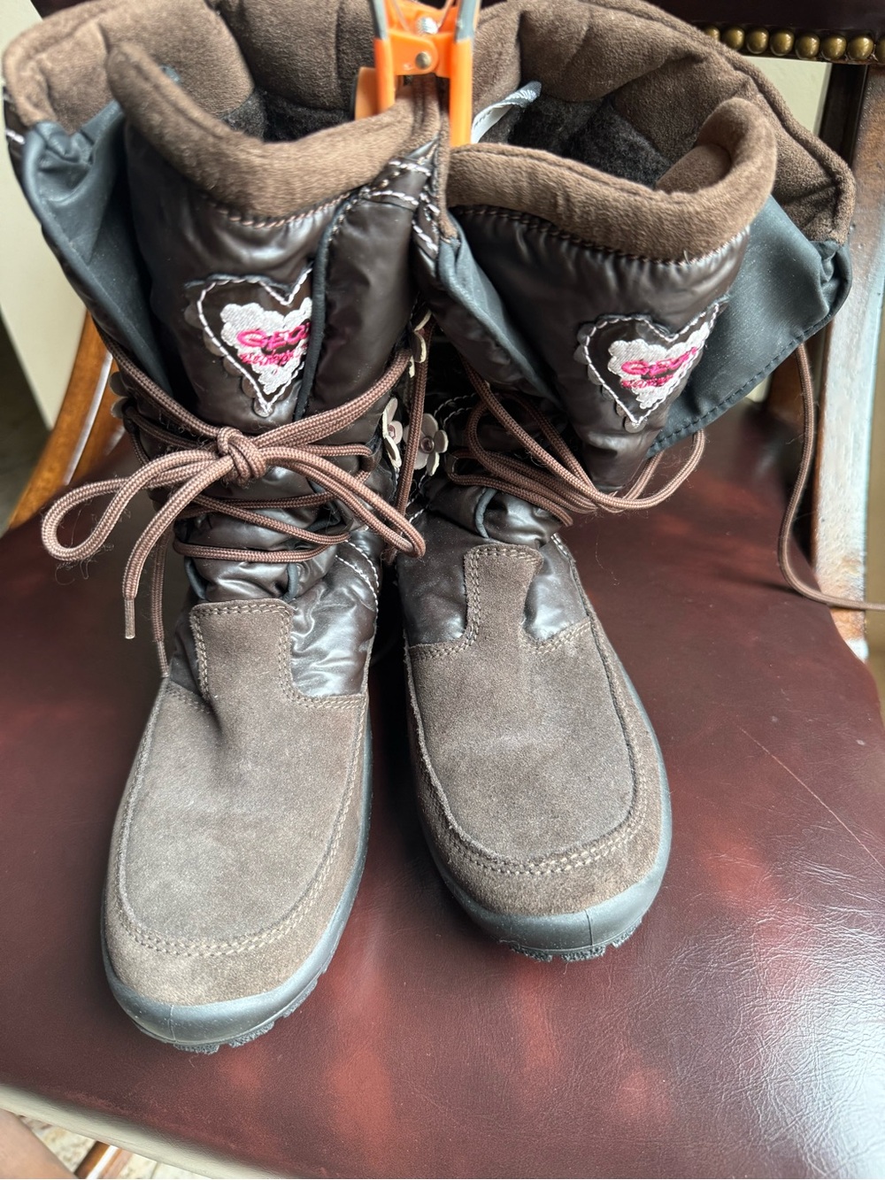 Geox Teens Brown Suede Mid-Calf Lace-Up Fleece Lined Winter Boots Sz 34